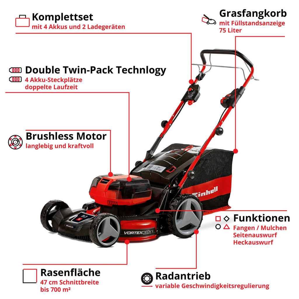 EINHELL Akkurasenmäher GP-CM 36/47 S HW Li (4x4,0Ah) 47 cm Schnittbreite, (Set), mit Radantrieb, 4 Akkus und Ladegerät