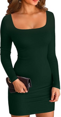 ELFIN Mini Robe côtelée à Manches Longues pour Femme Col carré Sexy pour fête Club Coupe ajustée