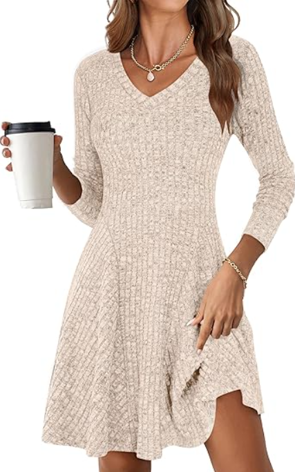 Women Long Sleeve Ribbed Knit Short Dresses 2025 Fall Winter V Neck Casual Swing A Line Sweater Dress